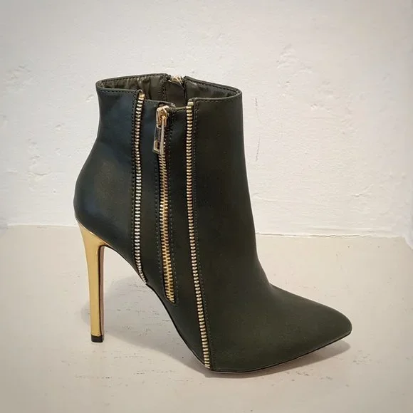 CATHERINE MALANDRINO Gold Stiletto Heel Zipper Detail Olive Green Ankle Boot Sz8 - Picture 9 of 12
